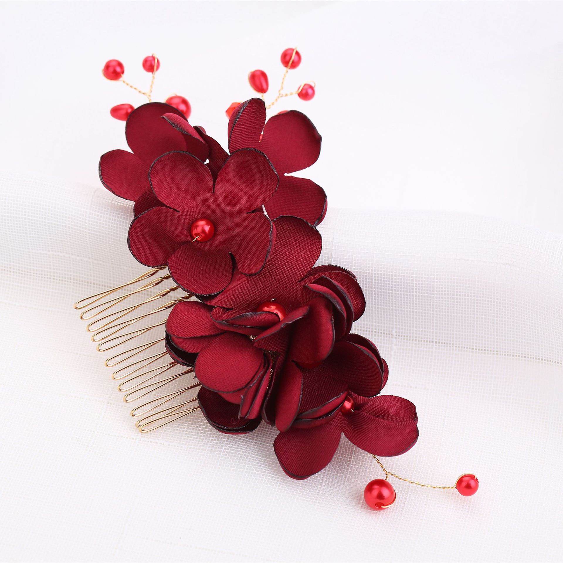 Bride Flower Fabric Pearl Hair Comb Accessories